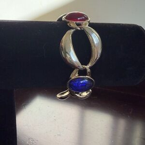 Chic Silver Bracelet with Red and Blue Stones